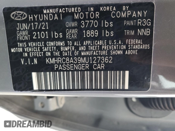 2021 Hyundai Venue SEL with VIN KMHRC8A39MU127362, listed as a Copart auction lot 61791795 with 20,019 mi miles and Salvage title. Bid and sale history available at DreamBid. Image 13.