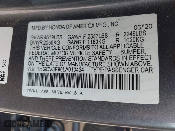 2020 Honda Accord Touring with VIN 1HGCV3F90LA013434, listed as a IAAI auction lot 42075502 with 56,645 mi miles and . Bid and sale history available at DreamBid. Image 9.