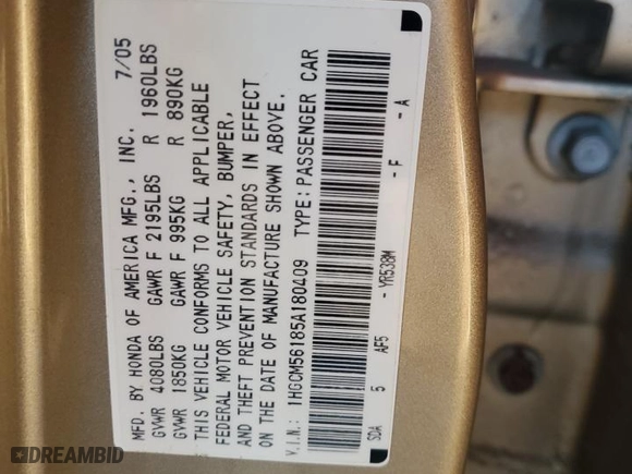 2005 Honda Accord Sdn DX with VIN 1HGCM56185A180409, listed as a Copart auction lot 83900374 with 124,671 mi miles and Salvage Title. Bid and sale history available at carsss.com. Image 12.