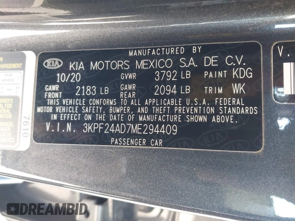 2021 Kia Forte LXS z VIN 3KPF24AD7ME294409, wystawiony jako IAAI lot #42124606 z przebiegiem 91 567 mil mil oraz . Historia ofert i sprzedaży dostępna na DreamBid. Obrazek 9.