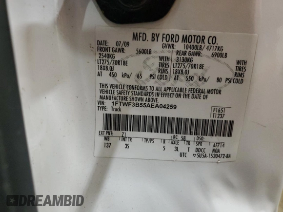2010 Ford F-350 with VIN 1FTWF3B55AEA04259, listed as a Copart auction lot 45526415 with 180,375 mi miles and Non repairable. Bid and sale history available at DreamBid. Image 14.