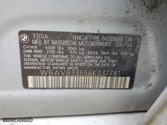 2006 BMW 3 Series 330i with VIN WBAVB33556KS37781, listed as a Copart auction lot 46035235 with 205,184 mi miles and Clean Title. Bid and sale history available at carsss.com. Image 12.