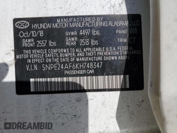 2019 Hyundai Sonata SE with VIN 5NPE24AF6KH748347, listed as a Copart auction lot 43651065 with 101,335 mi miles and Salvage Title. Bid and sale history available at carsss.com. Image 15.