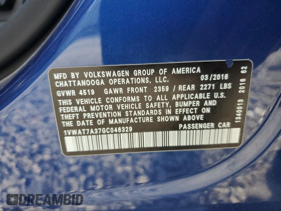 2016 Volkswagen Passat 1.8T S with VIN 1VWAT7A37GC046329, listed as a Copart auction lot 49317715 with 140,746 mi miles and Salvage Title. Bid and sale history available at carsss.com. Image 12.