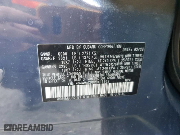 2023 Subaru Ascent Premium z VIN 4S4WMACD8P3419902, wystawiony jako Copart lot #61260905 z przebiegiem 42 113 mil mil oraz Szkoda całkowita • Salvage title. Historia ofert i sprzedaży dostępna na DreamBid. Obrazek 14.