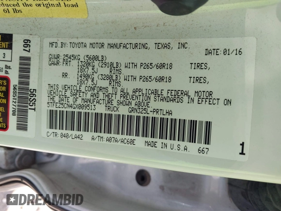 2016 Toyota Tacoma Limited with VIN 5TFEZ5CN4GX009513, listed as a IAAI auction lot 41363058 with 108,382 mi miles and . Bid and sale history available at DreamBid. Image 9.
