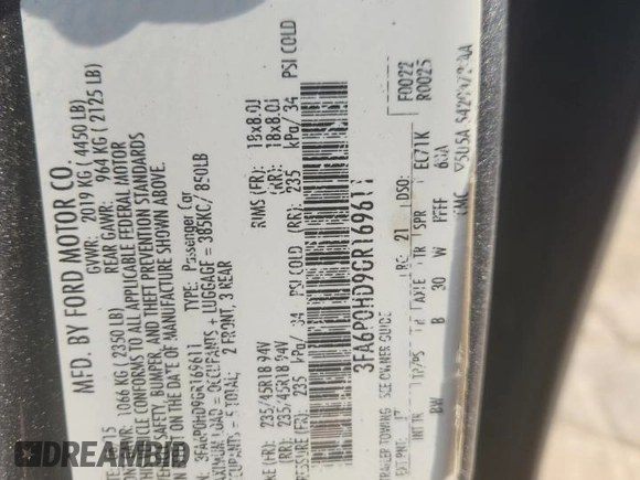 2016 Ford Fusion SE z VIN 3FA6P0HD9GR169611, wystawiony jako Copart lot #62939075 z przebiegiem 170 230 mil mil oraz Szkoda całkowita • Salvage title. Historia ofert i sprzedaży dostępna na DreamBid. Obrazek 12.