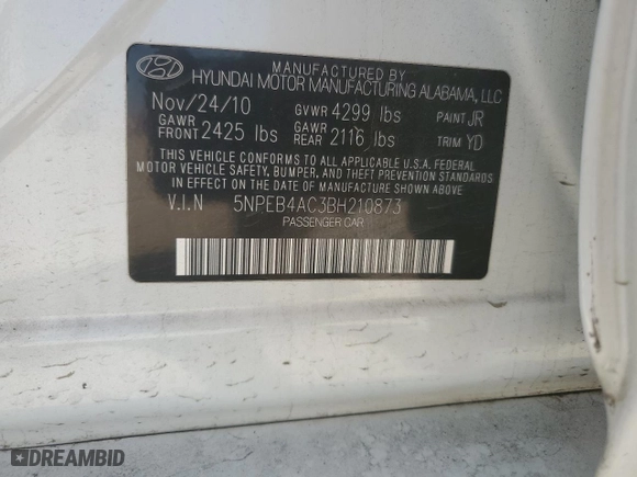 2011 Hyundai Sonata GLS PZEV with VIN 5NPEB4AC3BH210873, listed as a Copart auction lot 51925095 with 140,634 mi miles and Salvage Title. Bid and sale history available at carsss.com. Image 12.