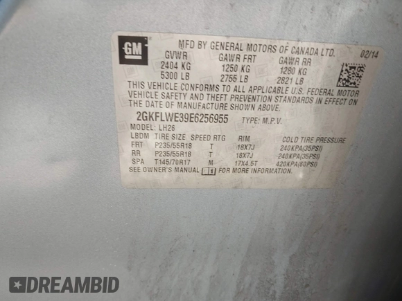 2014 GMC Terrain SLE with VIN 2GKFLWE39E6256955, listed as a IAAI auction lot 42458032 with Not provided miles and . Bid and sale history available at DreamBid. Image 9.