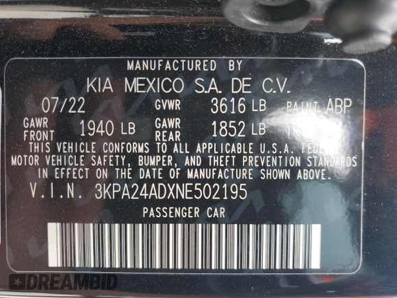 2022 Kia Rio S with VIN 3KPA24ADXNE502195, listed as a Copart auction lot 51532625 with 29,981 mi miles and Salvage Title. Bid and sale history available at carsss.com. Image 12.