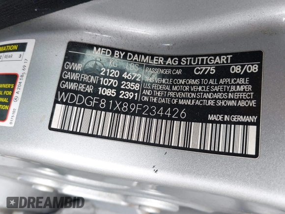 2009 Mercedes-Benz C-Class 3.0L Sport with VIN WDDGF81X89F234426, listed as a IAAI auction lot 41999986 with 206,884 mi miles. Bid and sale history available at carsss.com. Image 9.