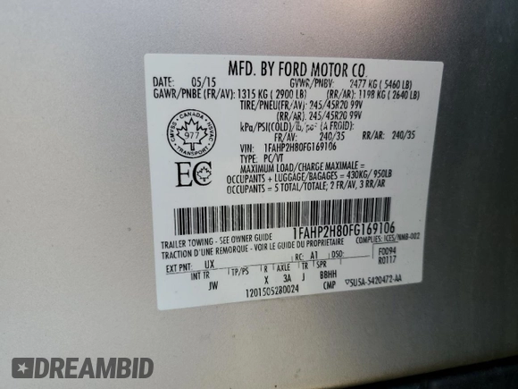 2015 Ford Taurus SEL with VIN 1FAHP2H80FG169106, listed as a Copart auction lot 66280615 with 167,290 mi miles and Clean title. Bid and sale history available at DreamBid. Image 12.