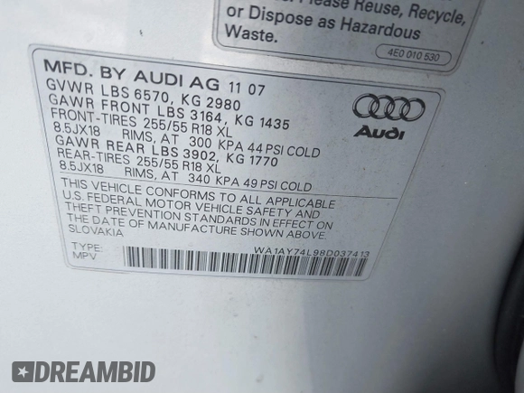 2008 Audi Q7 3.6L with VIN WA1AY74L98D037413, listed as a IAAI auction lot 41508182 with 191,771 mi miles. Bid and sale history available at carsss.com. Image 9.