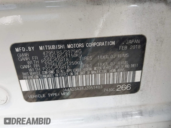 2018 Mitsubishi Outlander SE with VIN JA4AD3A38JZ051403, listed as a IAAI auction lot 41406598 with 116,190 mi miles and . Bid and sale history available at DreamBid. Image 9.