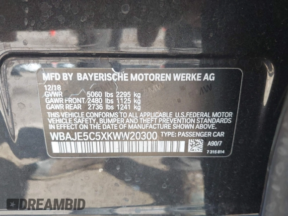 2019 BMW 5 Series 540i с VIN WBAJE5C5XKWW20300, выставлен на аукционе IAAI как лот 42139380 с пробегом 32 802 миль миль и . История ставок и продаж доступна на DreamBid. Изображение 9.