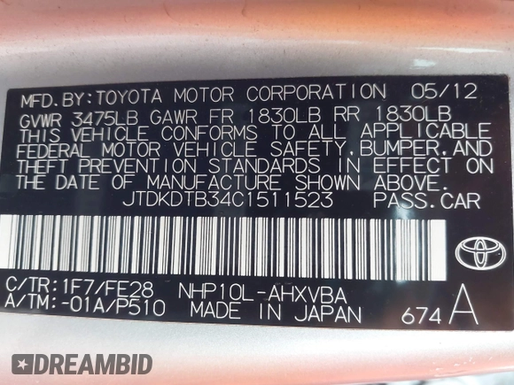 2012 Toyota Prius One with VIN JTDKDTB34C1511523, listed as a IAAI auction lot 41902739 with 68,698 mi miles. Bid and sale history available at carsss.com. Image 9.