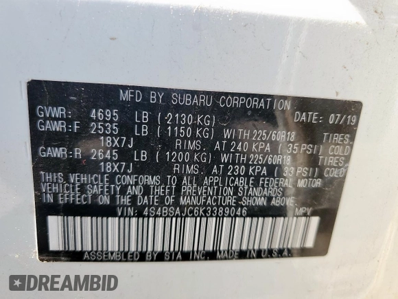 2019 Subaru Outback Limited with VIN 4S4BSAJC6K3389046, listed as a Copart auction lot 62753585 with 140,105 mi miles and Clean title. Bid and sale history available at DreamBid. Image 13.