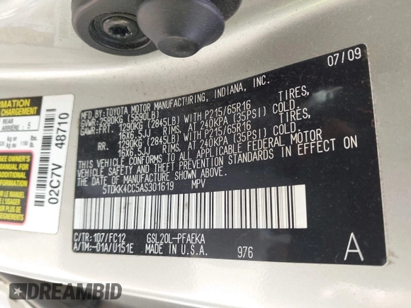 2010 Toyota Sienna CE with VIN 5TDKK4CC5AS301619, listed as a IAAI auction lot 42190040 with 177,118 mi miles and . Bid and sale history available at DreamBid. Image 9.