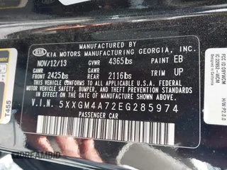 2014 Kia Optima LX with VIN 5XXGM4A72EG285974, listed as a IAAI auction lot 42667984 with 232,863 mi miles and . Bid and sale history available at DreamBid. Image 9.