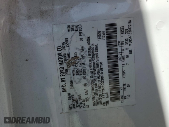 2008 Ford Ranger XL with VIN 1FTYR10D38PA19758, listed as a Copart auction lot 58354775 with 132,995 mi miles and Salvage title. Bid and sale history available at DreamBid. Image 12.