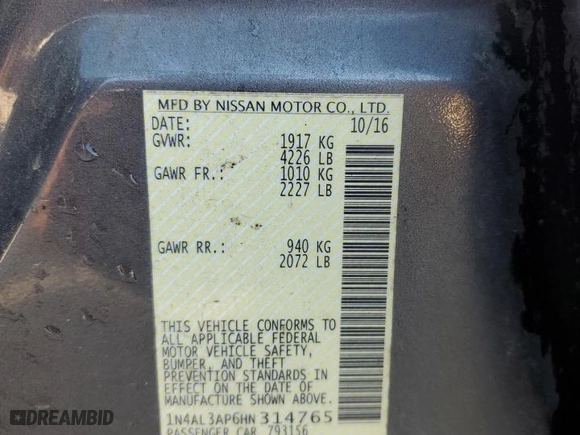 2017 Nissan Altima 2.5 S with VIN 1N4AL3AP6HN314765, listed as a Copart auction lot 85301114 with 199,583 mi miles and Clean Title. Bid and sale history available at carsss.com. Image 12.
