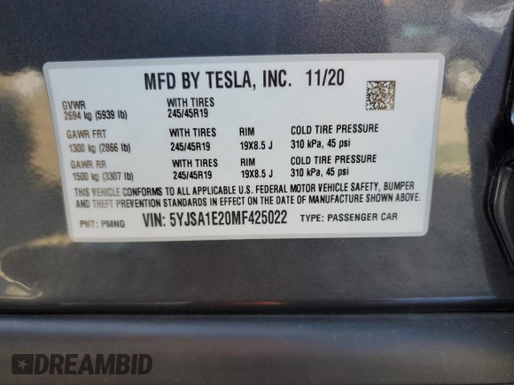 2021 Tesla Model S Long Range Plus with VIN 5YJSA1E20MF425022, listed as a Copart auction lot 46169645 with 16,786 mi miles and Salvage title. Bid and sale history available at DreamBid. Image 12.