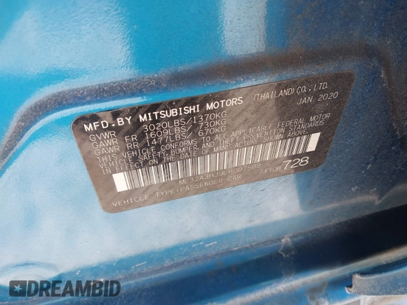 2020 Mitsubishi Mirage ES z VIN ML32A3HJ9LH007588, wystawiony jako IAAI lot #41636566 z przebiegiem 53 444 mil mil oraz . Historia ofert i sprzedaży dostępna na DreamBid. Obrazek 9.