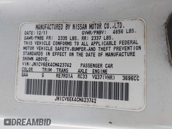 2012 Infiniti G37 Coupe Journey with VIN JN1CV6EK4CM423742, listed as a IAAI auction lot 42028588 with 165,633 mi miles. Bid and sale history available at carsss.com. Image 9.