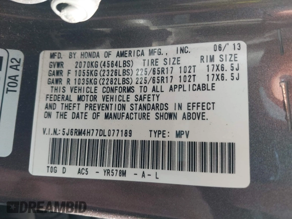 2013 Honda CR-V EX-L with VIN 5J6RM4H77DL077189, listed as a IAAI auction lot 42474493 with 92,410 mi miles and . Bid and sale history available at DreamBid. Image 9.