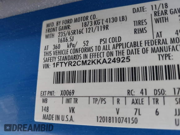 2019 Ford Transit with VIN 1FTYR2CM2KKA24925, listed as a IAAI auction lot 40769513 with 164,464 mi miles and . Bid and sale history available at DreamBid. Image 9.