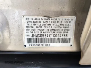2001 Honda Accord LX z VIN JHMCG554X1C024855, wystawiony jako Copart lot #57649815 z przebiegiem 164 959 mil mil oraz Szkoda całkowita • Salvage title. Historia ofert i sprzedaży dostępna na DreamBid. Obrazek 13.