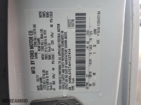 2017 Ford Transit Connect Van XL with VIN NM0LS7E74H1327414, listed as a Copart auction lot 47371565 with 105,053 mi miles and Salvage Title. Bid and sale history available at carsss.com. Image 14.