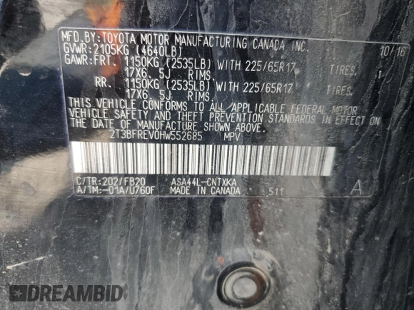 2017 Toyota RAV4 LE с VIN 2T3BFREV0HW552685, выставлен на аукционе Copart как лот 58228335 с пробегом Не указан миль и Списание • Salvage title. История ставок и продаж доступна на DreamBid. Изображение 14.