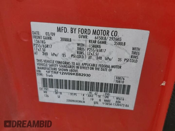 2009 Ford F-150 XL with VIN 1FTRF12W09KB82930, listed as a Copart auction lot 54966505 with 328,094 mi miles and Clean Title. Bid and sale history available at carsss.com. Image 12.