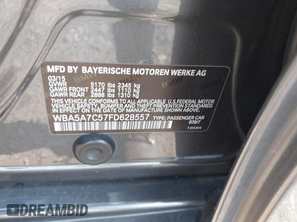 2015 BMW 5 Series 528i xDrive with VIN WBA5A7C57FD628557, listed as a IAAI auction lot 42519487 with 167,049 mi miles and . Bid and sale history available at DreamBid. Image 9.