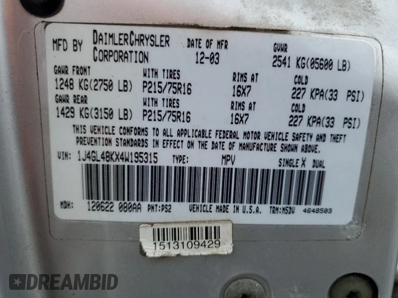 2004 Jeep Liberty Sport with VIN 1J4GL48KX4W195315, listed as a Copart auction lot 51064875 with 260,432 mi miles and Salvage Title. Bid and sale history available at carsss.com. Image 13.
