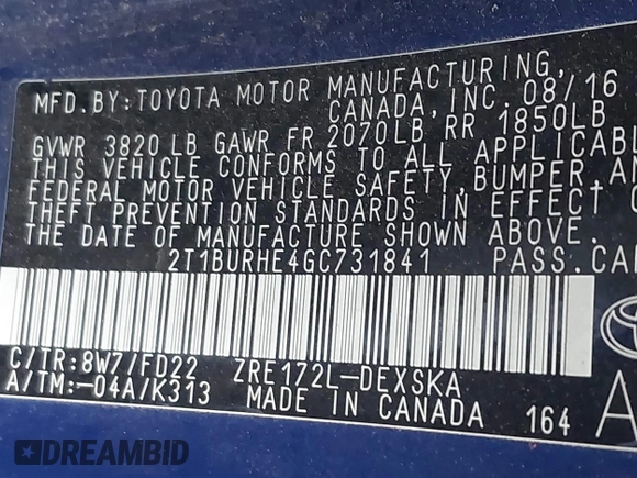 2016 Toyota Corolla L with VIN 2T1BURHE4GC731841, listed as a IAAI auction lot 41019347 with 76,328 mi miles and . Bid and sale history available at DreamBid. Image 9.