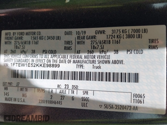 2019 Ford F-150 XL with VIN 1FTEW1E52KKE98899, listed as a IAAI auction lot 42576904 with 168,223 mi miles and . Bid and sale history available at DreamBid. Image 9.