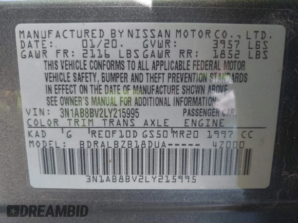 2020 Nissan Sentra S with VIN 3N1AB8BV2LY215995, listed as a IAAI auction lot 41875875 with 45,164 mi miles. Bid and sale history available at carsss.com. Image 9.