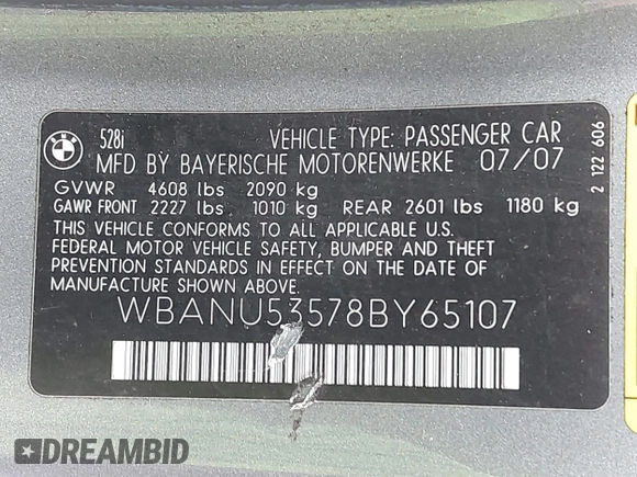 2008 BMW 5 Series 528i with VIN WBANU53578BY65107, listed as a IAAI auction lot 41754660 with 204,524 mi miles and . Bid and sale history available at DreamBid. Image 9.