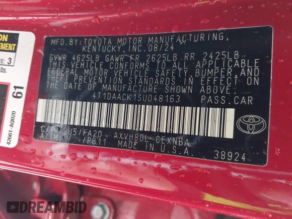 2025 Toyota Camry LE with VIN 4T1DAACK1SU048163, listed as a IAAI auction lot 41792637 with Not Provided miles and . Bid and sale history available at DreamBid. Image 9.