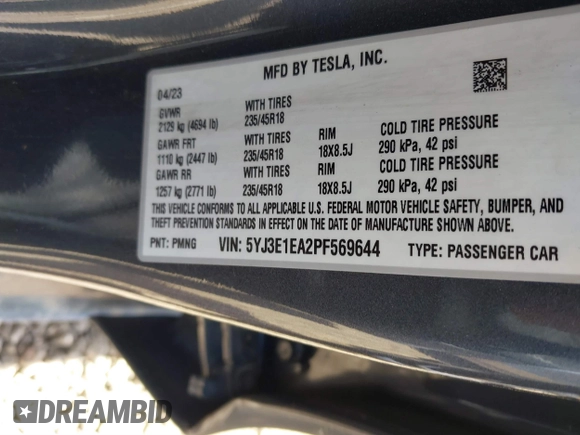 2023 Tesla Model 3 z VIN 5YJ3E1EA2PF569644, wystawiony jako IAAI lot #41831560 z przebiegiem 30 903 mil mil oraz . Historia ofert i sprzedaży dostępna na DreamBid. Obrazek 9.