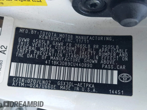2012 Toyota Avalon with VIN 4T1BK3DB9CU440890, listed as a IAAI auction lot 41895991 with 229,692 mi miles. Bid and sale history available at carsss.com. Image 9.