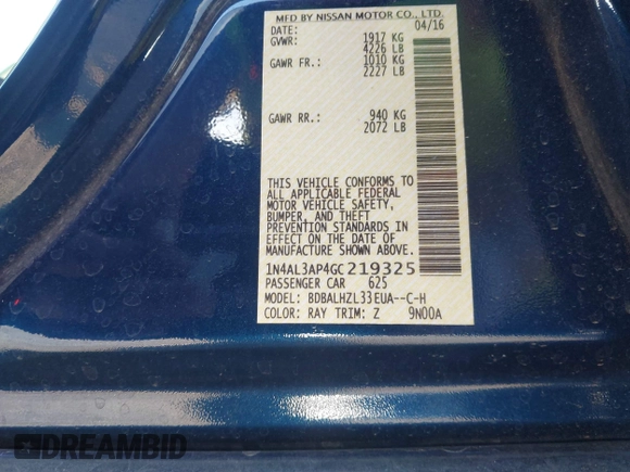 2016 Nissan Altima SR with VIN 1N4AL3AP4GC219325, listed as a IAAI auction lot 41765674 with 88,729 mi miles and . Bid and sale history available at DreamBid. Image 9.