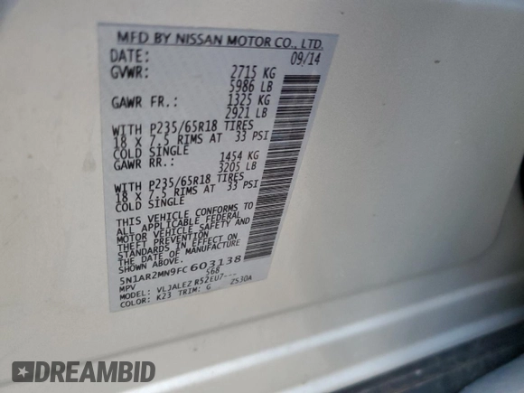 2015 Nissan Pathfinder SV with VIN 5N1AR2MN9FC603138, listed as a Copart auction lot 80979204 with 205,928 mi miles and Salvage title. Bid and sale history available at DreamBid. Image 14.