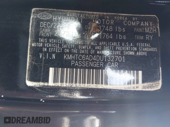 2013 Hyundai Veloster w/Black Int with VIN KMHTC6AD4DU132701, listed as a IAAI auction lot 42021759 with 102,840 mi miles and . Bid and sale history available at DreamBid. Image 9.