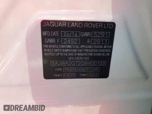2016 Jaguar XJ Portfolio with VIN SAJWA2G72G8W00103, listed as a Copart auction lot 81347664 with 45,917 mi miles and Salvage title. Bid and sale history available at DreamBid. Image 13.