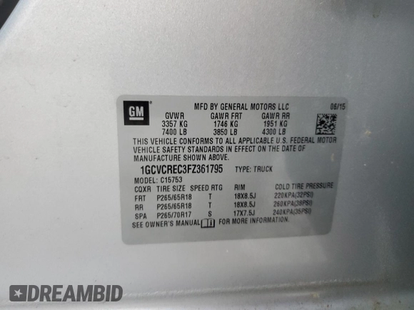 2015 Chevrolet Silverado 1500 LT with VIN 1GCVCREC3FZ361795, listed as a Copart auction lot 76841864 with 12,488 mi miles and Salvage Title. Bid and sale history available at DreamBid. Image 12.