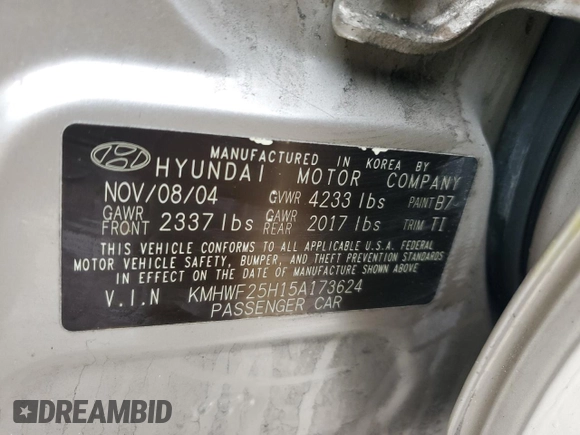 2005 Hyundai Sonata GL with VIN KMHWF25H15A173624, listed as a Copart auction lot 86964344 with 0 mi miles and Clean Title. Bid and sale history available at carsss.com. Image 13.