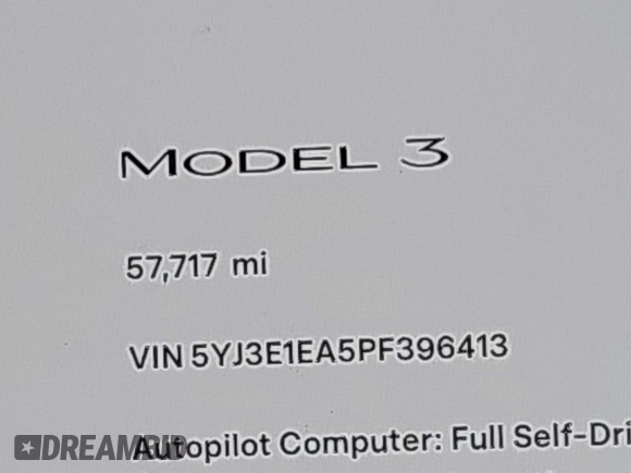 2023 Tesla Model 3 with VIN 5YJ3E1EA5PF396413, listed as a IAAI auction lot 42188639 with 57,717 mi miles and . Bid and sale history available at DreamBid. Image 15.